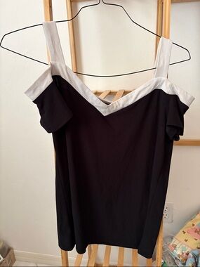 INC International Concepts Black Cold-Shoulder Top with Cream Trim